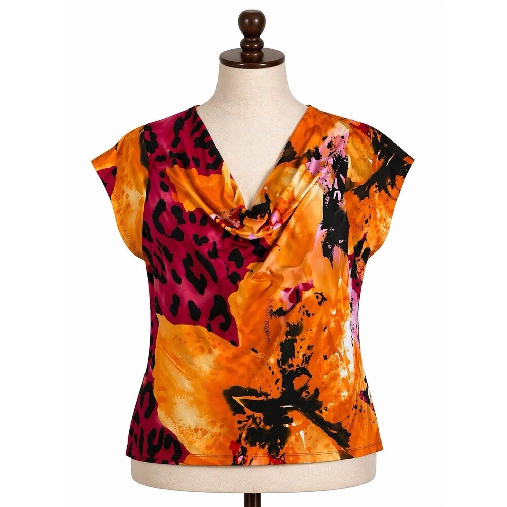 John Paul Richard Womens XL Cowl Neck Blouse Orange Pink Animal Print Top